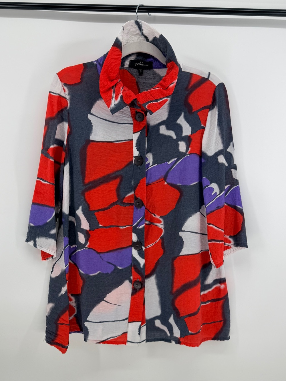 Yushi Art to Wear Abstract Floral Tunic Blouse Ruched Collar S USA